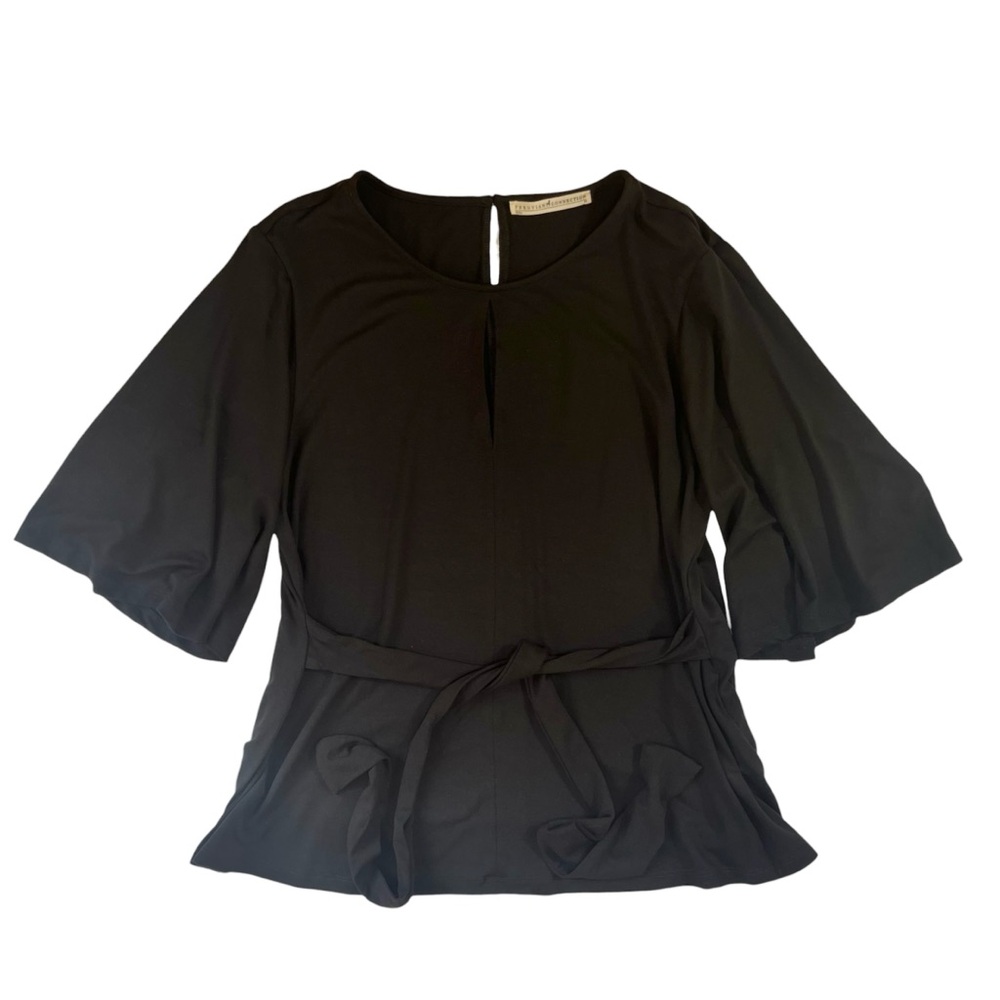 Peruvian Connection Black Keyhole Top Tie Waist Flutter Sleeve Stretch Blouse M - Picture 8 of 14